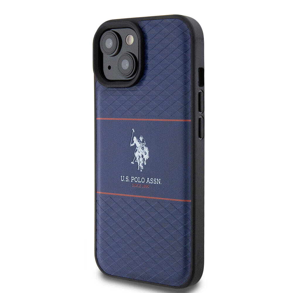 Apple iPhone 15 Kılıf U.S. Polo Assn. Orjinal Lisanslı Deri Şeritli Logo Dizayn Kapak Lacivert