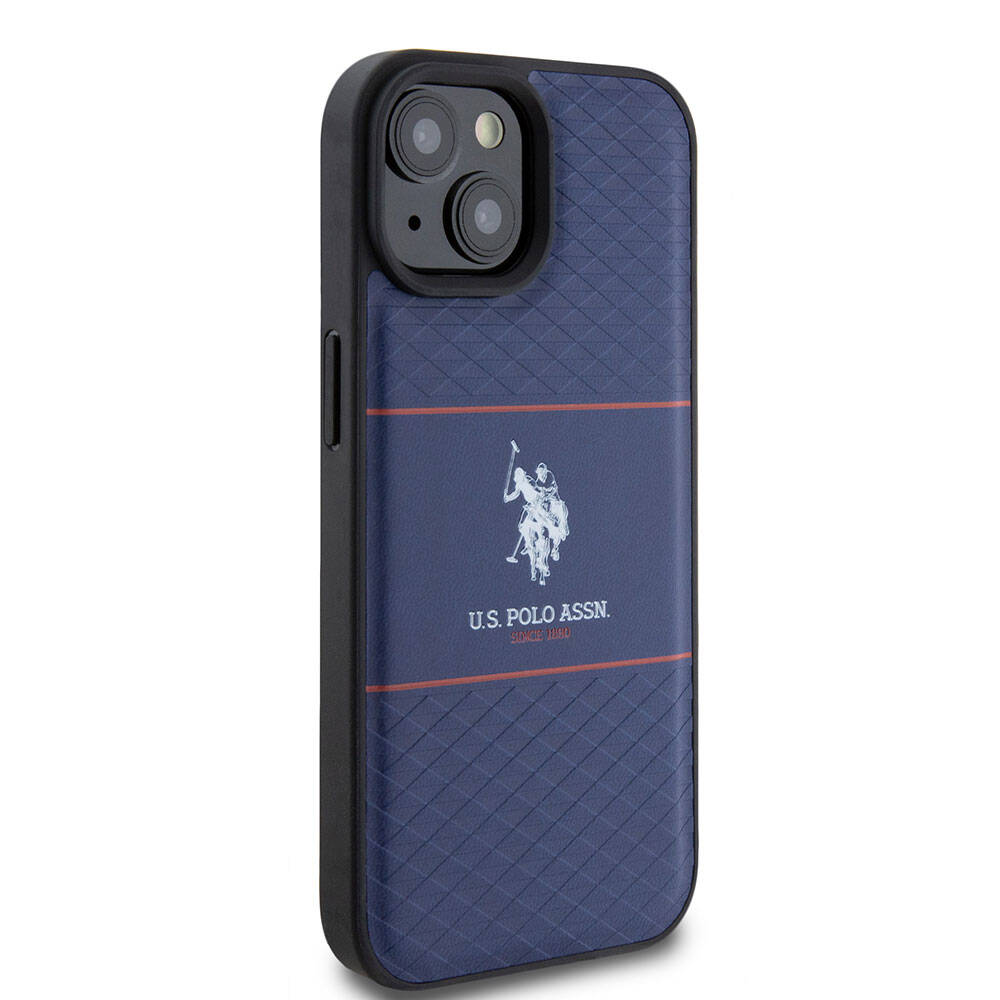 Apple iPhone 15 Kılıf U.S. Polo Assn. Orjinal Lisanslı Deri Şeritli Logo Dizayn Kapak Lacivert