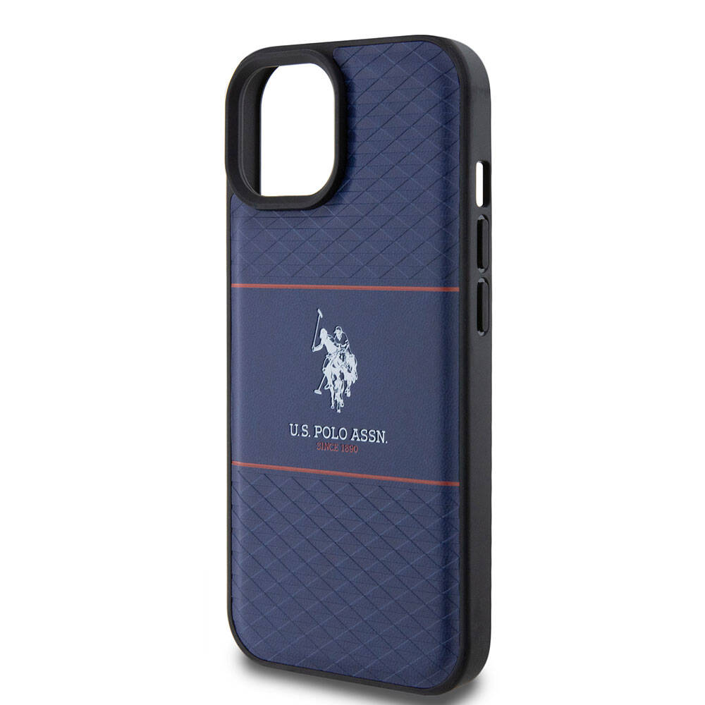 Apple iPhone 15 Kılıf U.S. Polo Assn. Orjinal Lisanslı Deri Şeritli Logo Dizayn Kapak Lacivert