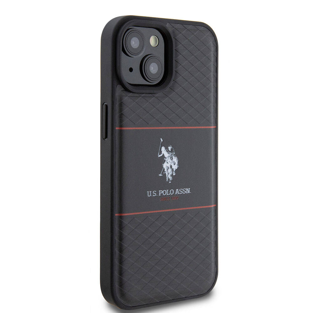 Apple iPhone 15 Kılıf U.S. Polo Assn. Orjinal Lisanslı Deri Şeritli Logo Dizayn Kapak Siyah