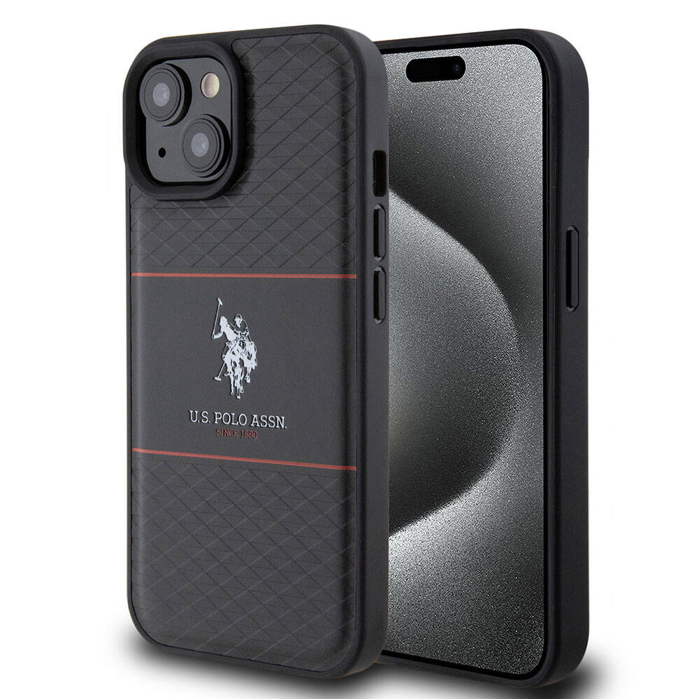 Apple iPhone 15 Kılıf U.S. Polo Assn. Orjinal Lisanslı Deri Şeritli Logo Dizayn Kapak Siyah
