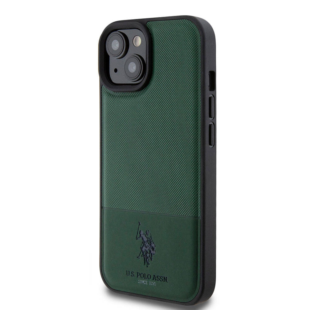 Apple iPhone 15 Kılıf U.S. Polo Assn. Orjinal Lisanslı Suni Deri Arka Yüzey Baskı Logolu Örgü Desenli Kapak Lacivert