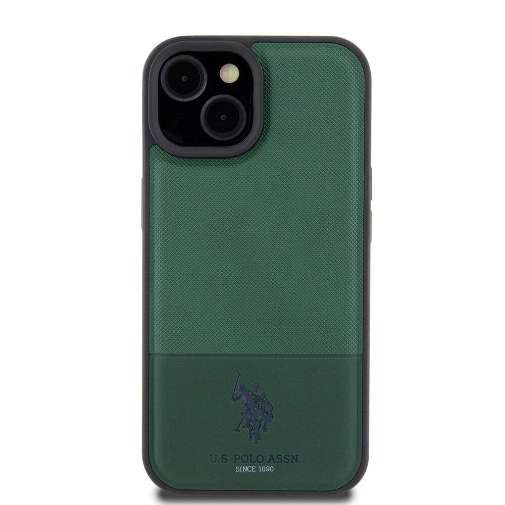 Apple iPhone 15 Kılıf U.S. Polo Assn. Orjinal Lisanslı Suni Deri Arka Yüzey Baskı Logolu Örgü Desenli Kapak Lacivert