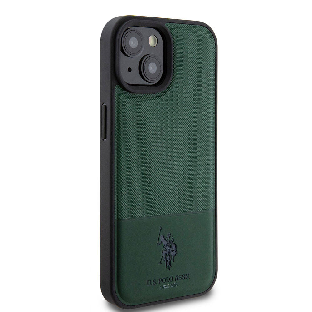 Apple iPhone 15 Kılıf U.S. Polo Assn. Orjinal Lisanslı Suni Deri Arka Yüzey Baskı Logolu Örgü Desenli Kapak Lacivert