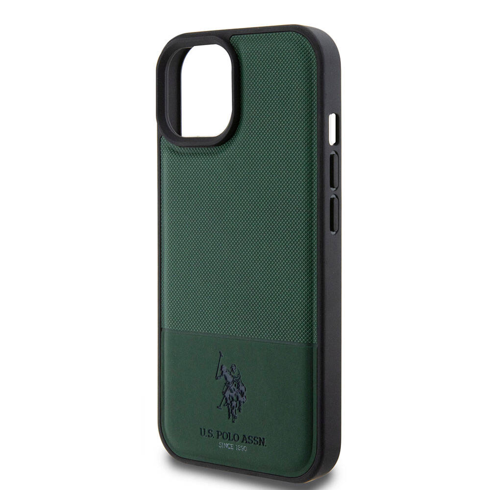 Apple iPhone 15 Kılıf U.S. Polo Assn. Orjinal Lisanslı Suni Deri Arka Yüzey Baskı Logolu Örgü Desenli Kapak Lacivert