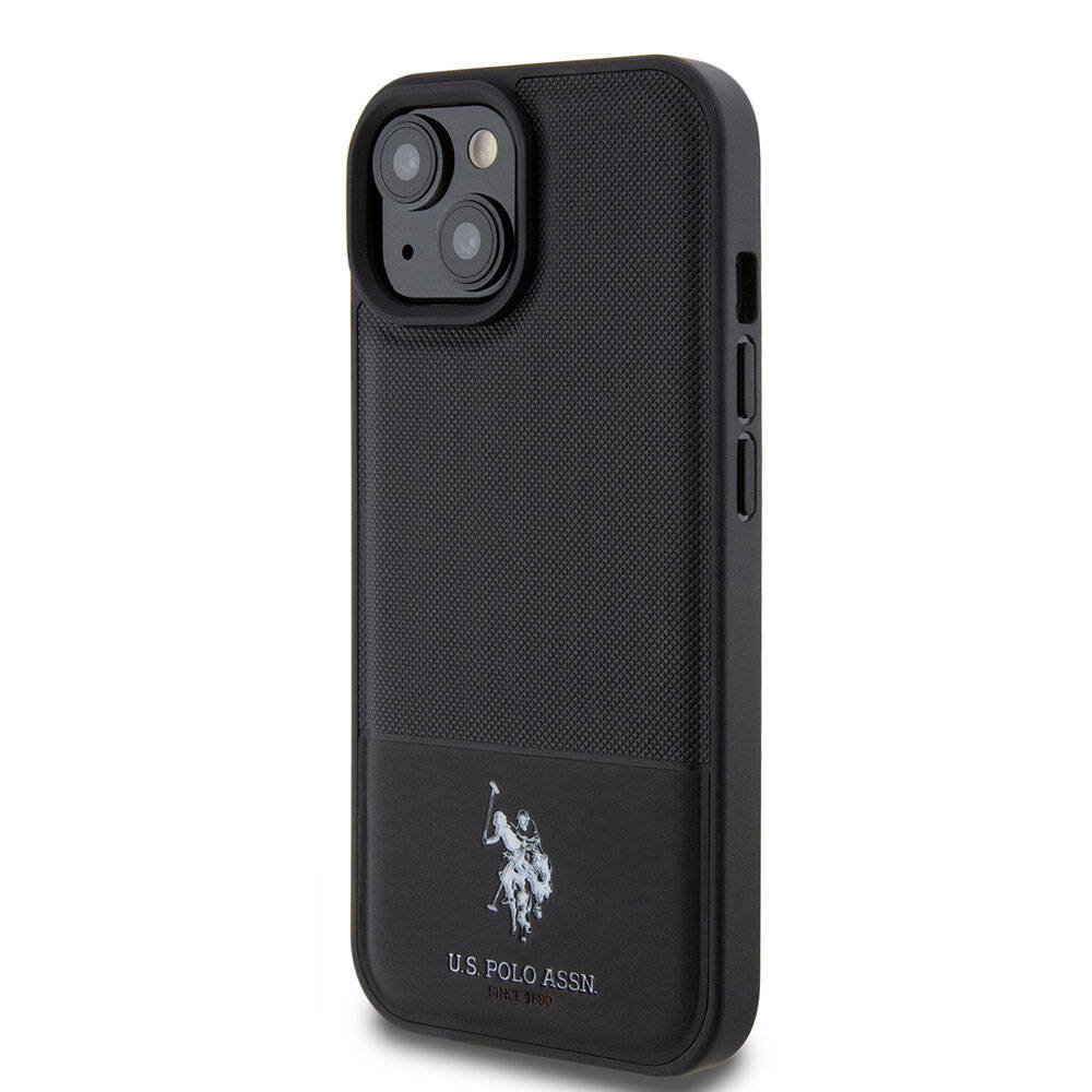 Apple iPhone 15 Kılıf U.S. Polo Assn. Orjinal Lisanslı Suni Deri Arka Yüzey Baskı Logolu Örgü Desenli Kapak Lacivert