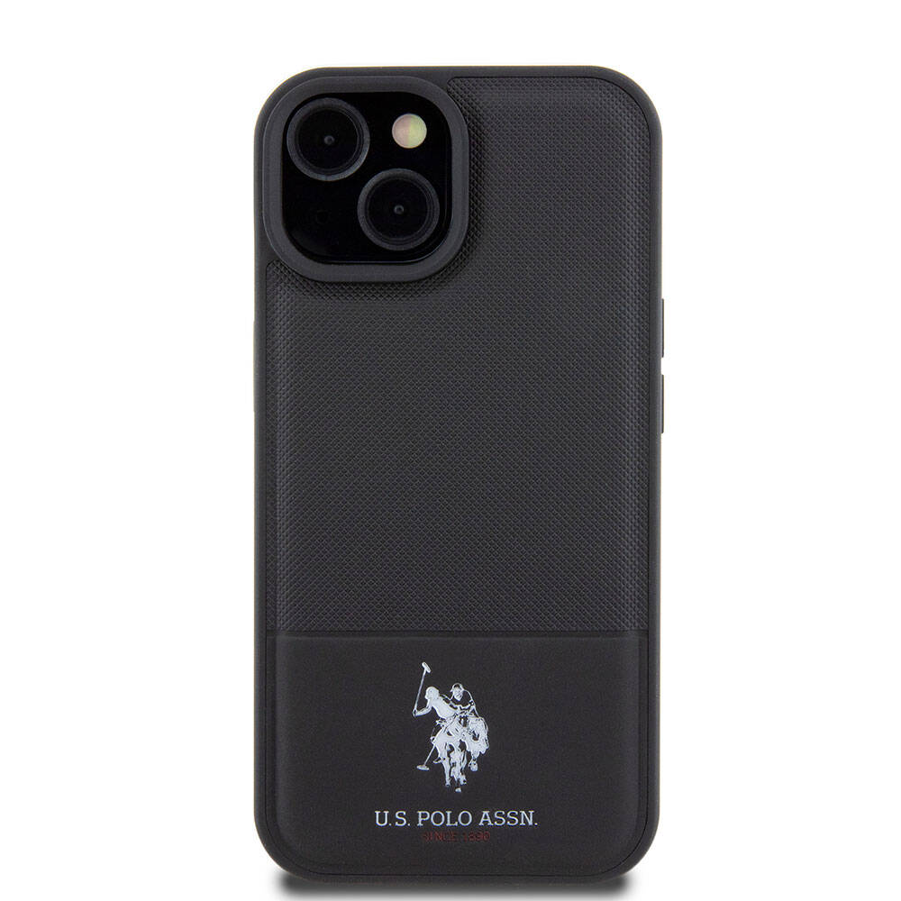 Apple iPhone 15 Kılıf U.S. Polo Assn. Orjinal Lisanslı Suni Deri Arka Yüzey Baskı Logolu Örgü Desenli Kapak Lacivert