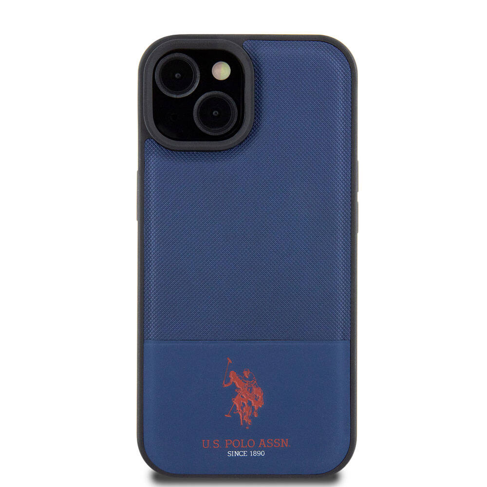 Apple iPhone 15 Kılıf U.S. Polo Assn. Orjinal Lisanslı Suni Deri Arka Yüzey Baskı Logolu Örgü Desenli Kapak Lacivert