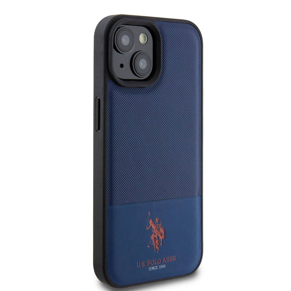Apple iPhone 15 Kılıf U.S. Polo Assn. Orjinal Lisanslı Suni Deri Arka Yüzey Baskı Logolu Örgü Desenli Kapak Lacivert