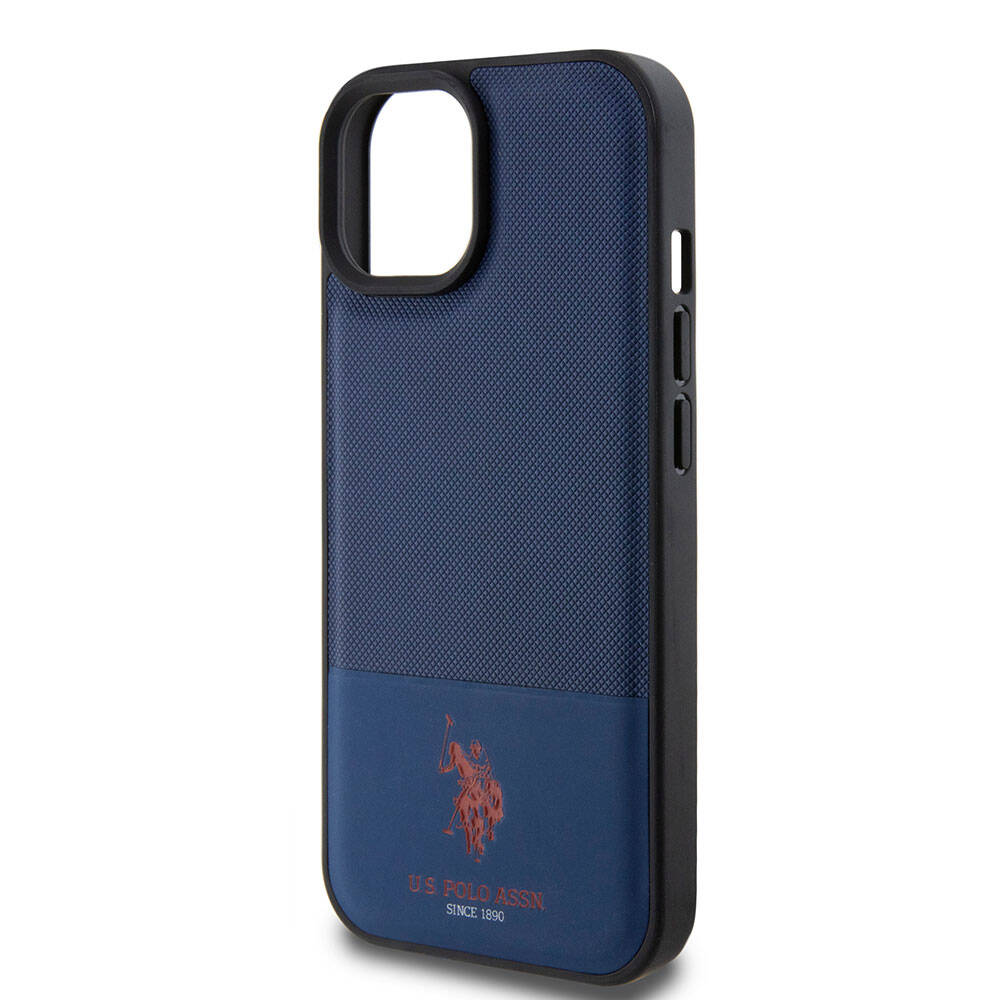 Apple iPhone 15 Kılıf U.S. Polo Assn. Orjinal Lisanslı Suni Deri Arka Yüzey Baskı Logolu Örgü Desenli Kapak Lacivert