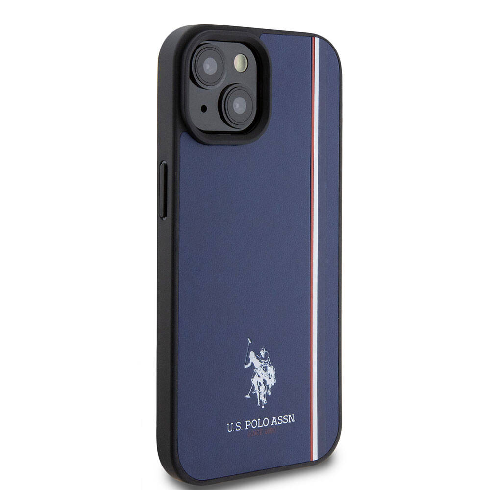 Apple iPhone 15 Kılıf U.S. Polo Assn. Orjinal Lisanslı Üç Renk Şerit Tasarımlı Baskı Logolu Kapak Lacivert