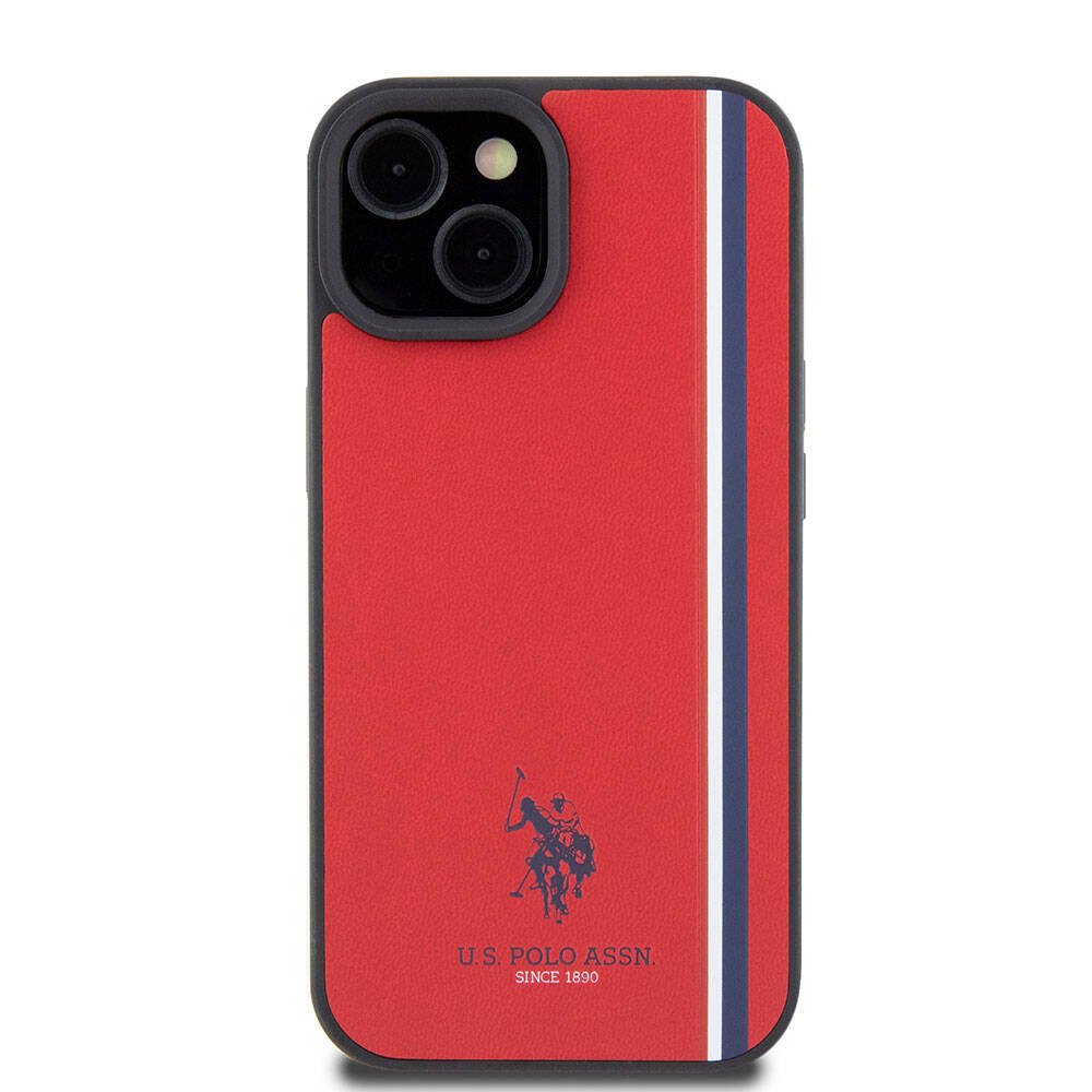 Apple iPhone 15 Kılıf U.S. Polo Assn. Orjinal Lisanslı Üç Renk Şerit Tasarımlı Baskı Logolu Kapak Kırmızı