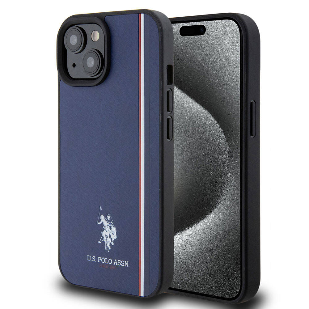 Apple iPhone 15 Kılıf U.S. Polo Assn. Orjinal Lisanslı Üç Renk Şerit Tasarımlı Baskı Logolu Kapak Lacivert