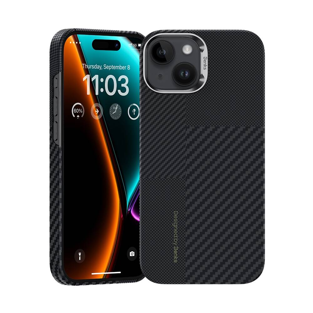 Apple iPhone 15 M-safe Şarj Özellikli Karbon Fiber Benks Montage ArmorAir Kevlar Kapak Siyah
