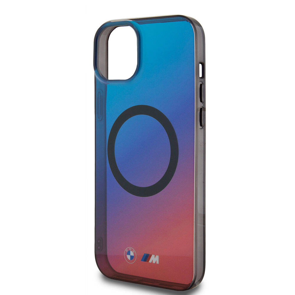 Apple iPhone 15 Plus Kılıf BMW M-safe Şarj Özellikli Transparan Renk Geçişli Dizayn Orjinal Lisanslı Kapak Mavi-Kırmızı
