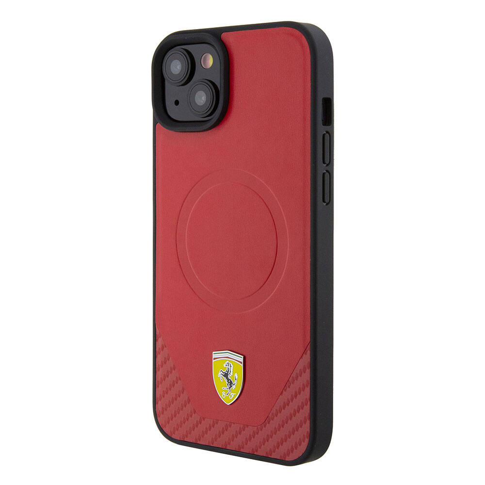 Apple iPhone 15 Plus Kılıf Ferrari Orjinal Lisanslı M-safe Şarj Özellikli Metal Logolu PU Karbon Kapak Kırmızı