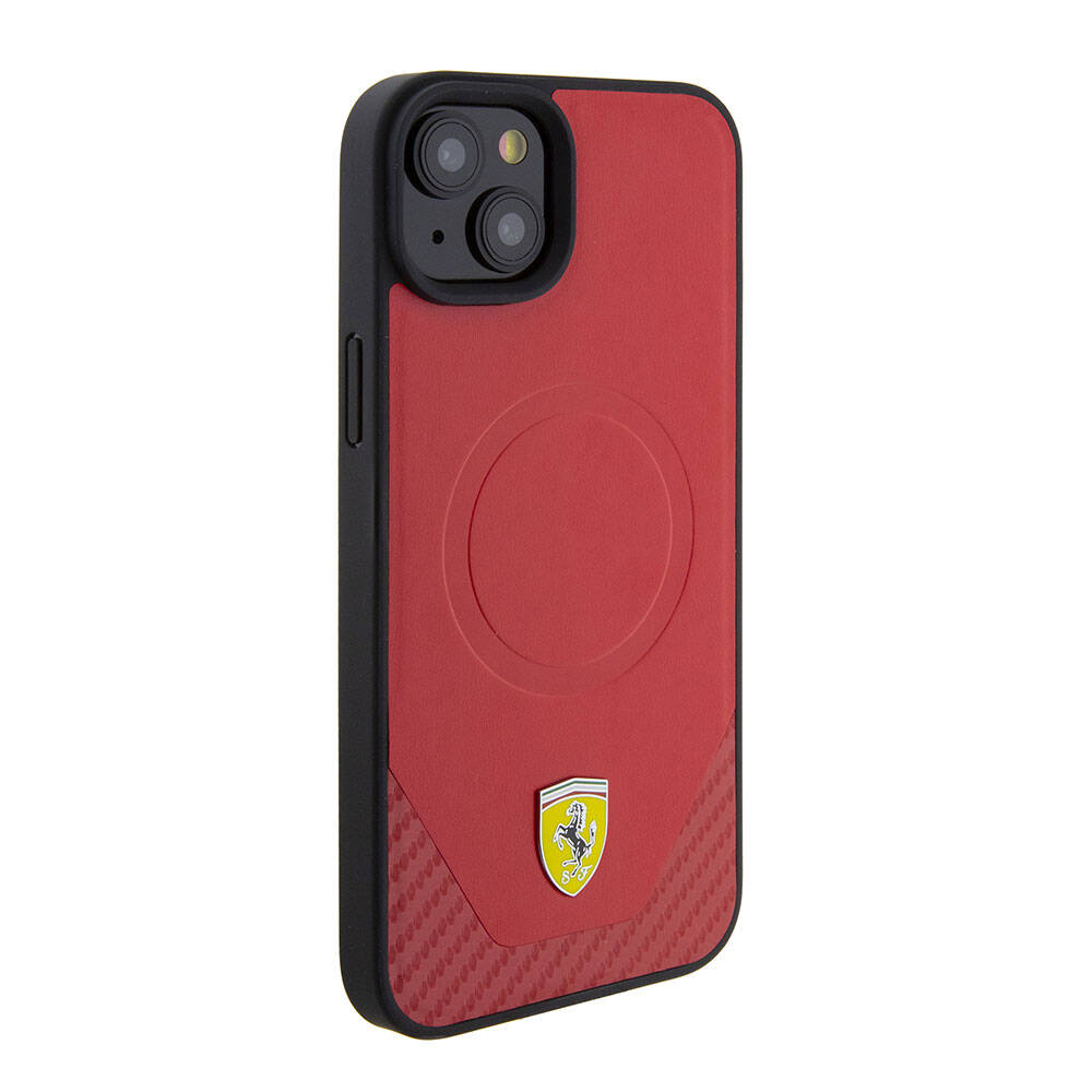 Apple iPhone 15 Plus Kılıf Ferrari Orjinal Lisanslı M-safe Şarj Özellikli Metal Logolu PU Karbon Kapak Kırmızı
