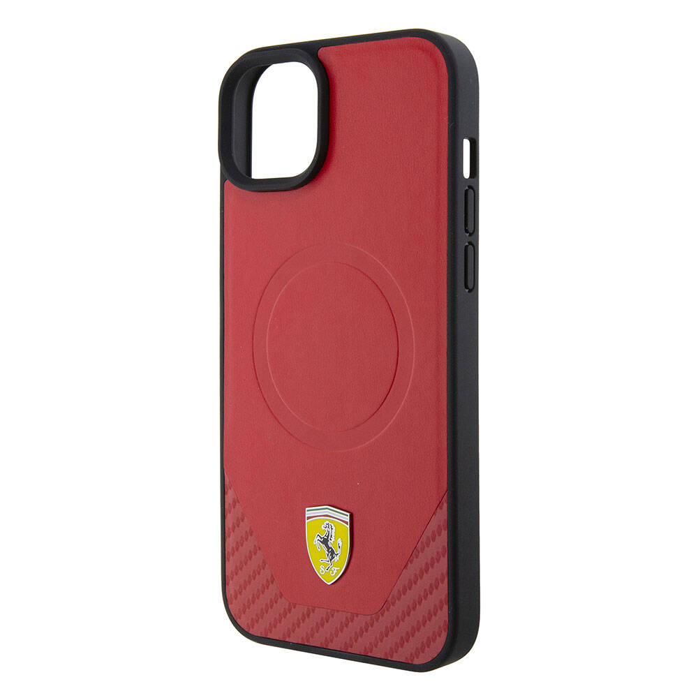 Apple iPhone 15 Plus Kılıf Ferrari Orjinal Lisanslı M-safe Şarj Özellikli Metal Logolu PU Karbon Kapak Kırmızı