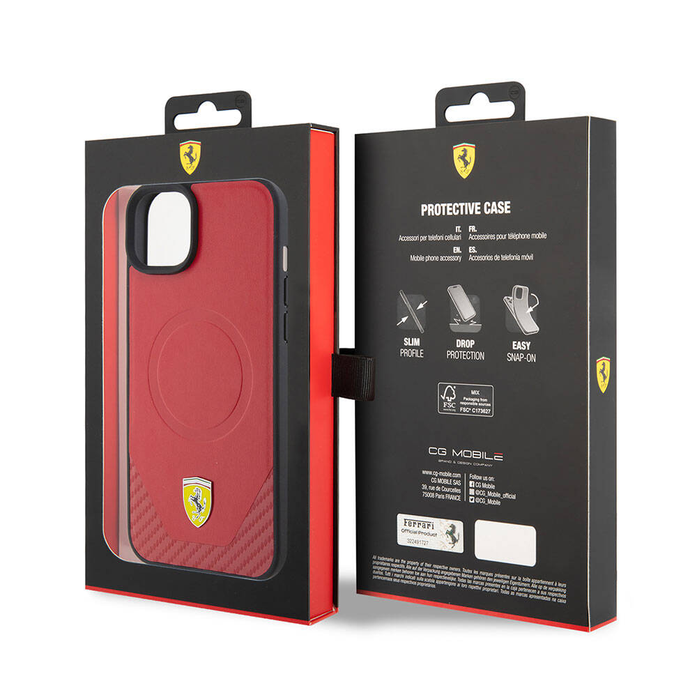 Apple iPhone 15 Plus Kılıf Ferrari Orjinal Lisanslı M-safe Şarj Özellikli Metal Logolu PU Karbon Kapak Kırmızı