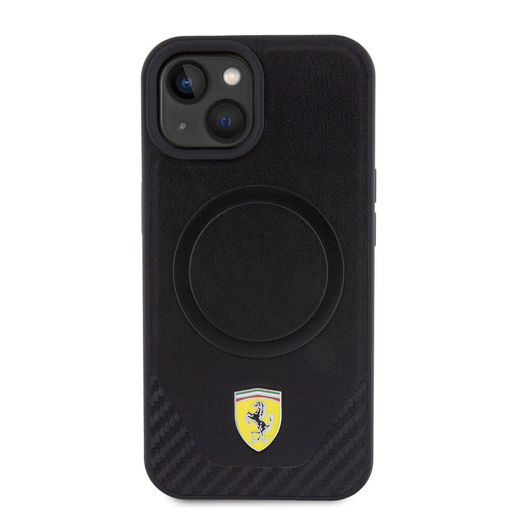 Apple iPhone 15 Plus Kılıf Ferrari Orjinal Lisanslı M-safe Şarj Özellikli Metal Logolu PU Karbon Kapak Kırmızı