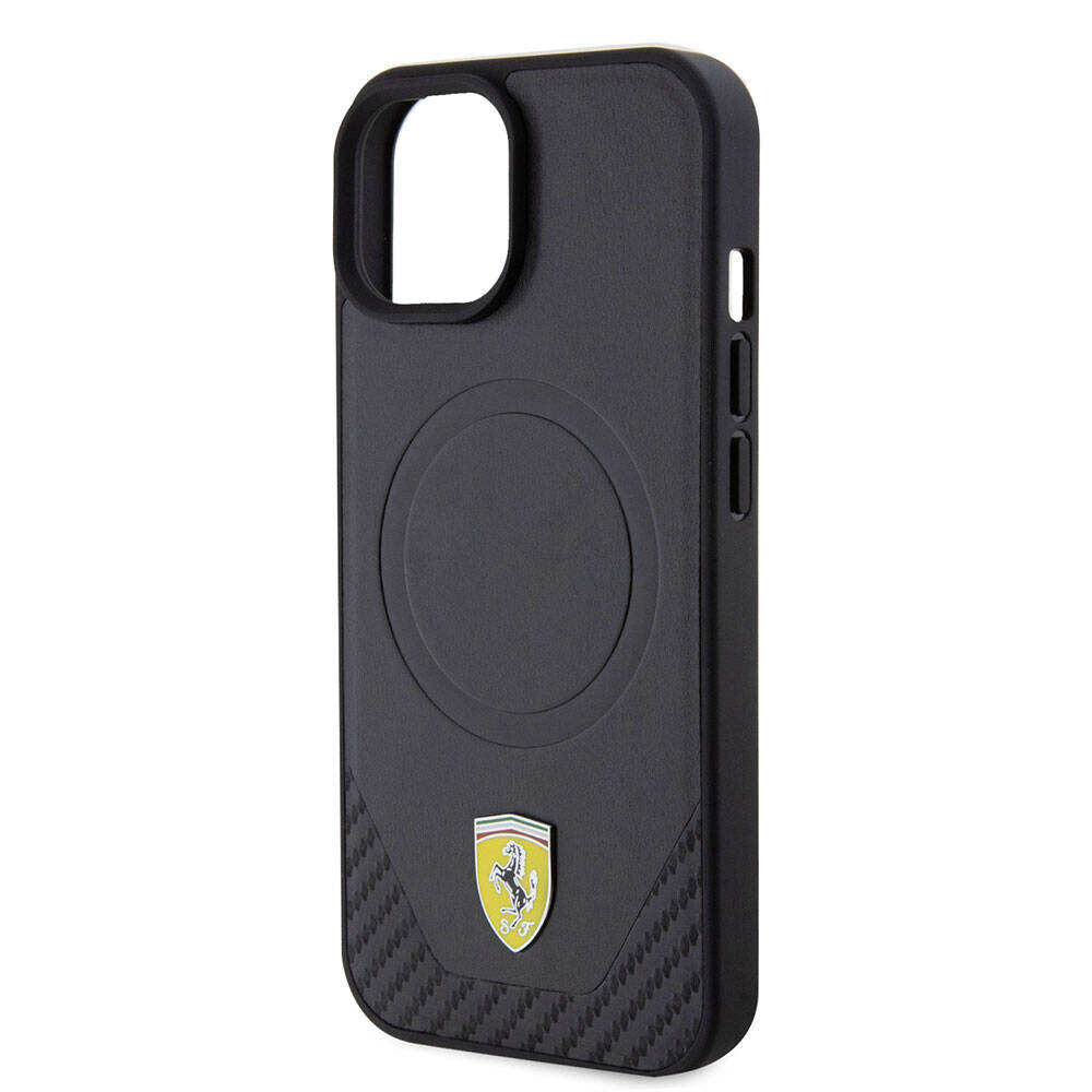 Apple iPhone 15 Plus Kılıf Ferrari Orjinal Lisanslı M-safe Şarj Özellikli Metal Logolu PU Karbon Kapak Kırmızı