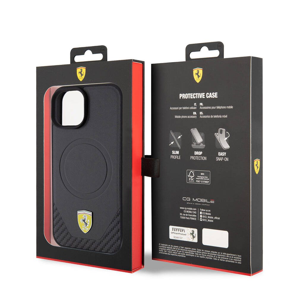 Apple iPhone 15 Plus Kılıf Ferrari Orjinal Lisanslı M-safe Şarj Özellikli Metal Logolu PU Karbon Kapak Kırmızı
