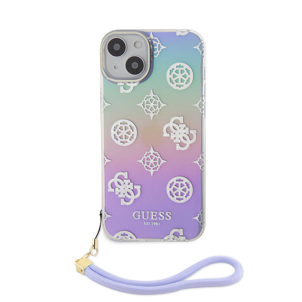 Apple iPhone 15 Plus Kılıf Guess Orjinal Lisanslı Desenli Yazı Logolu Askı İpli Holografik Glitter Peony Kapak Turkuaz