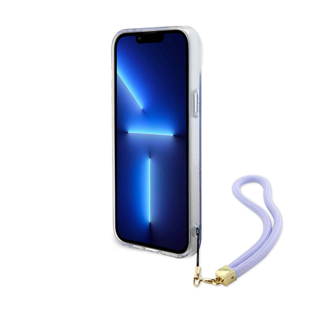Apple iPhone 15 Plus Kılıf Guess Orjinal Lisanslı Desenli Yazı Logolu Askı İpli Holografik Glitter Peony Kapak Turkuaz