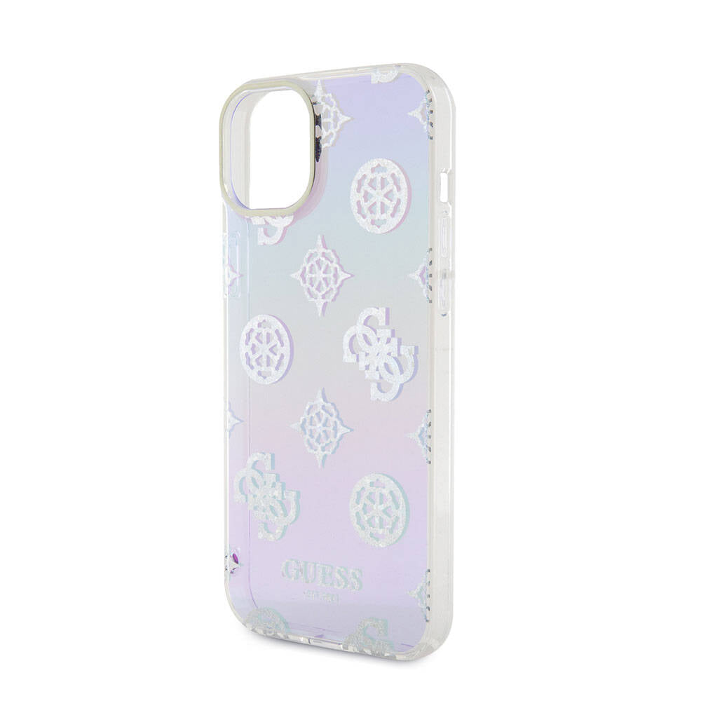 Apple iPhone 15 Plus Kılıf Guess Orjinal Lisanslı Desenli Yazı Logolu Askı İpli Holografik Glitter Peony Kapak Mor