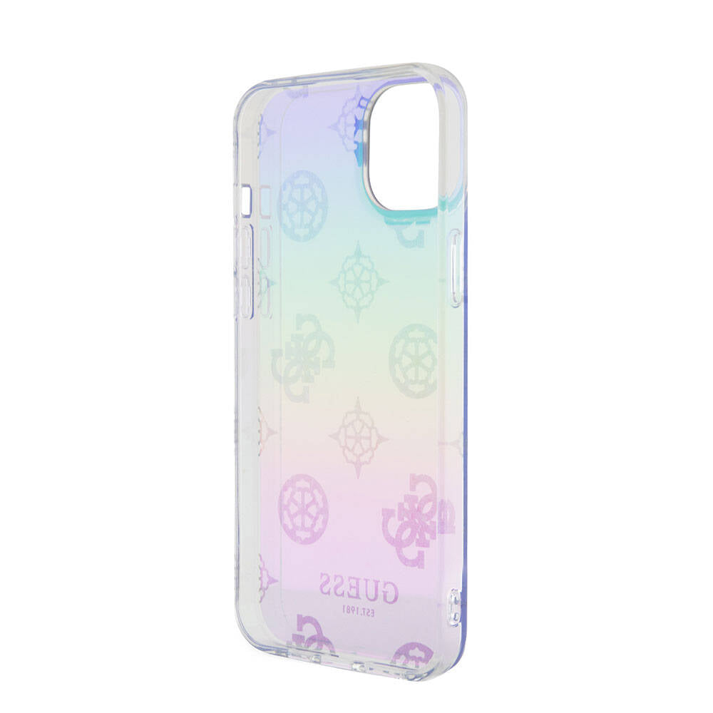 Apple iPhone 15 Plus Kılıf Guess Orjinal Lisanslı Desenli Yazı Logolu Askı İpli Holografik Glitter Peony Kapak Turkuaz