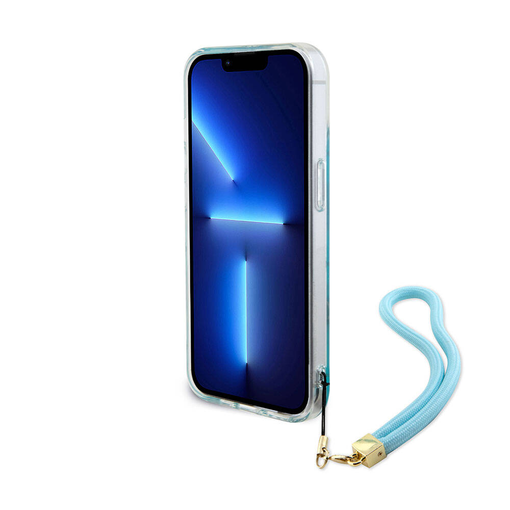 Apple iPhone 15 Plus Kılıf Guess Orjinal Lisanslı Desenli Yazı Logolu Askı İpli Holografik Glitter Peony Kapak Mor