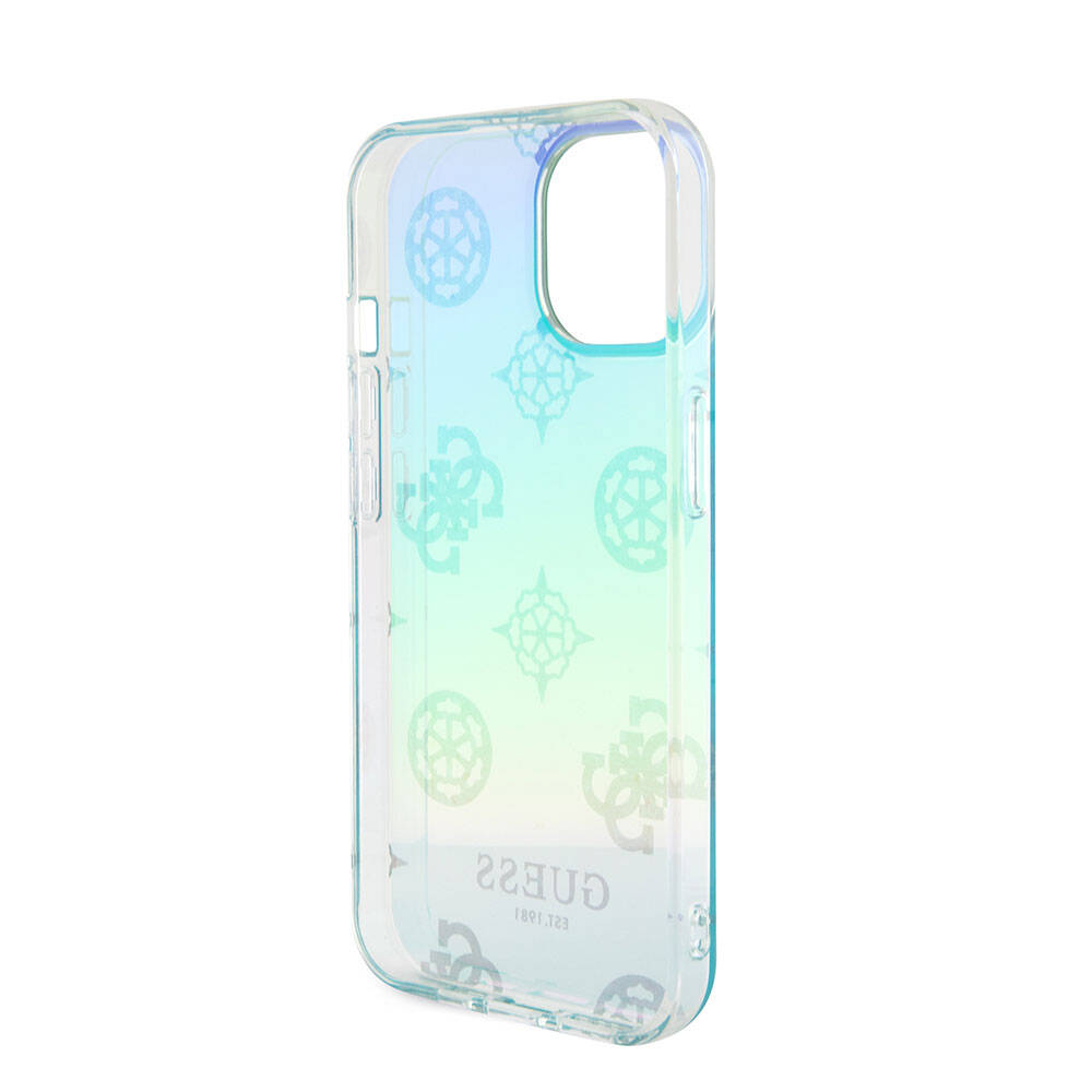 Apple iPhone 15 Plus Kılıf Guess Orjinal Lisanslı Desenli Yazı Logolu Askı İpli Holografik Glitter Peony Kapak Mor