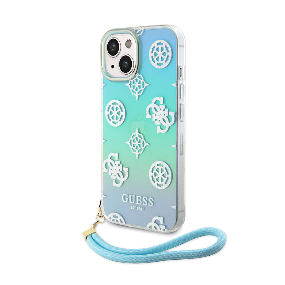 Apple iPhone 15 Plus Kılıf Guess Orjinal Lisanslı Desenli Yazı Logolu Askı İpli Holografik Glitter Peony Kapak Turkuaz