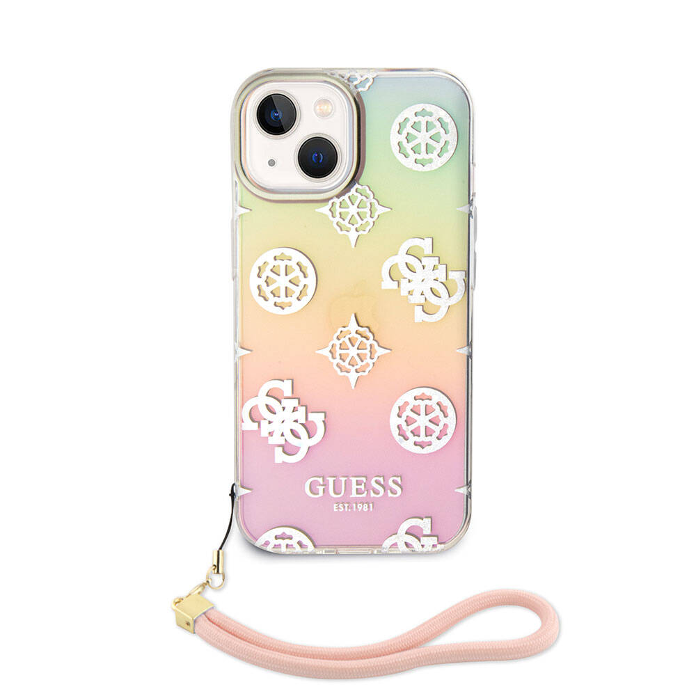Apple iPhone 15 Plus Kılıf Guess Orjinal Lisanslı Desenli Yazı Logolu Askı İpli Holografik Glitter Peony Kapak Turkuaz