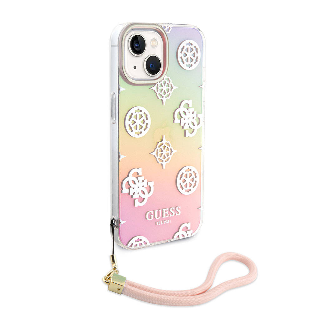 Apple iPhone 15 Plus Kılıf Guess Orjinal Lisanslı Desenli Yazı Logolu Askı İpli Holografik Glitter Peony Kapak Turkuaz
