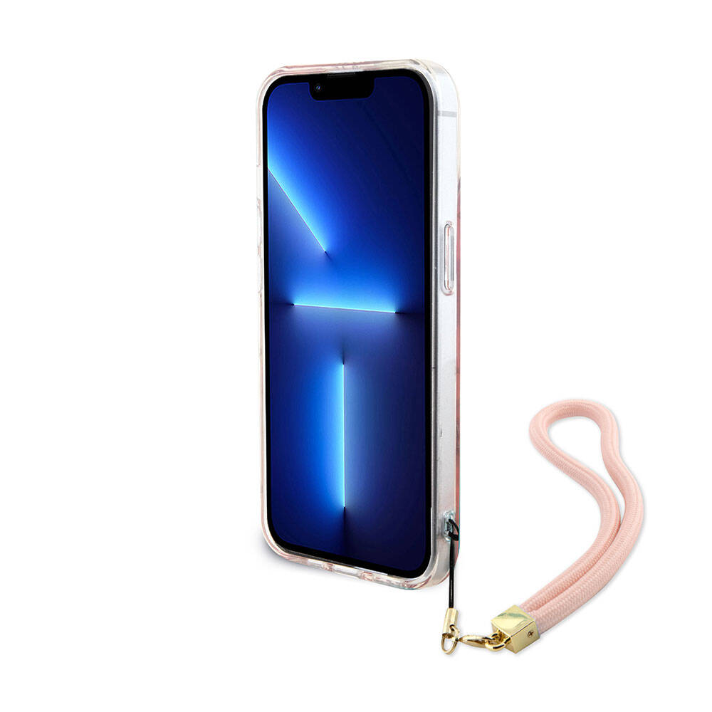 Apple iPhone 15 Plus Kılıf Guess Orjinal Lisanslı Desenli Yazı Logolu Askı İpli Holografik Glitter Peony Kapak Mor