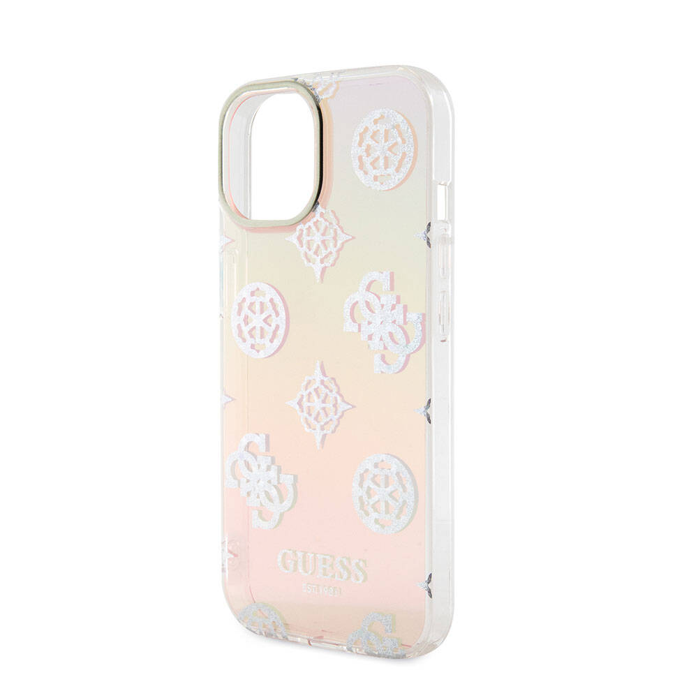 Apple iPhone 15 Plus Kılıf Guess Orjinal Lisanslı Desenli Yazı Logolu Askı İpli Holografik Glitter Peony Kapak Mor
