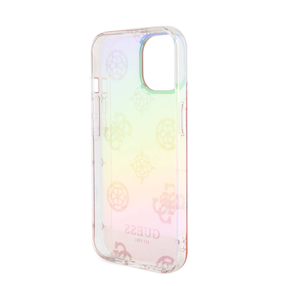 Apple iPhone 15 Plus Kılıf Guess Orjinal Lisanslı Desenli Yazı Logolu Askı İpli Holografik Glitter Peony Kapak Mor