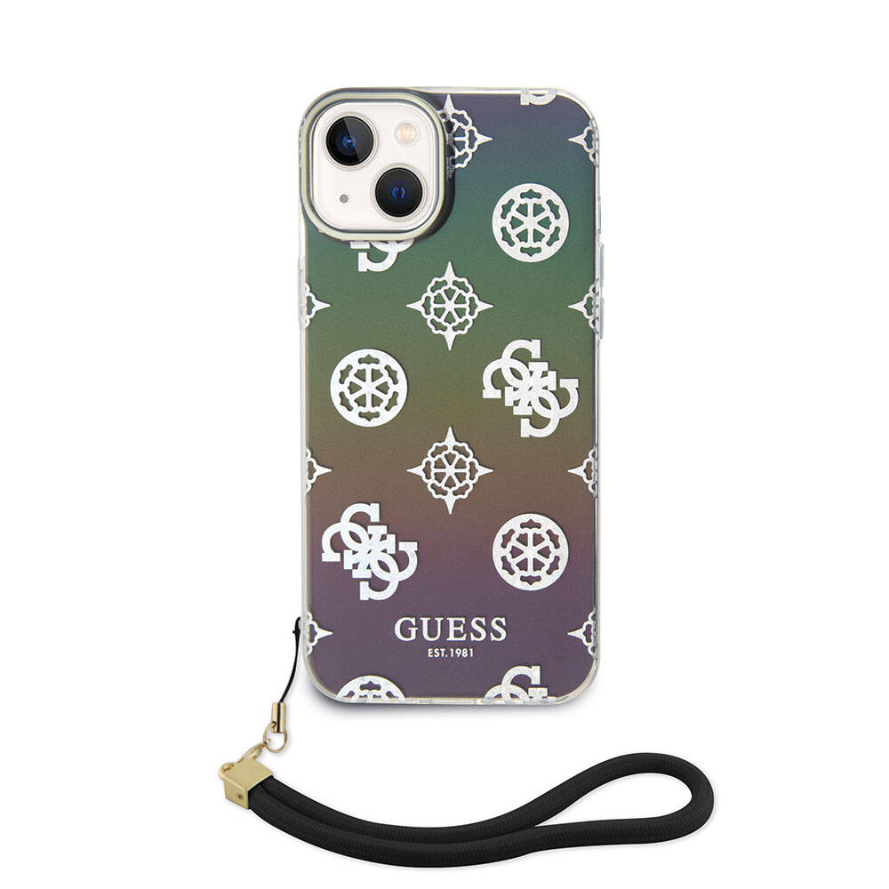 Apple iPhone 15 Plus Kılıf Guess Orjinal Lisanslı Desenli Yazı Logolu Askı İpli Holografik Glitter Peony Kapak Turkuaz