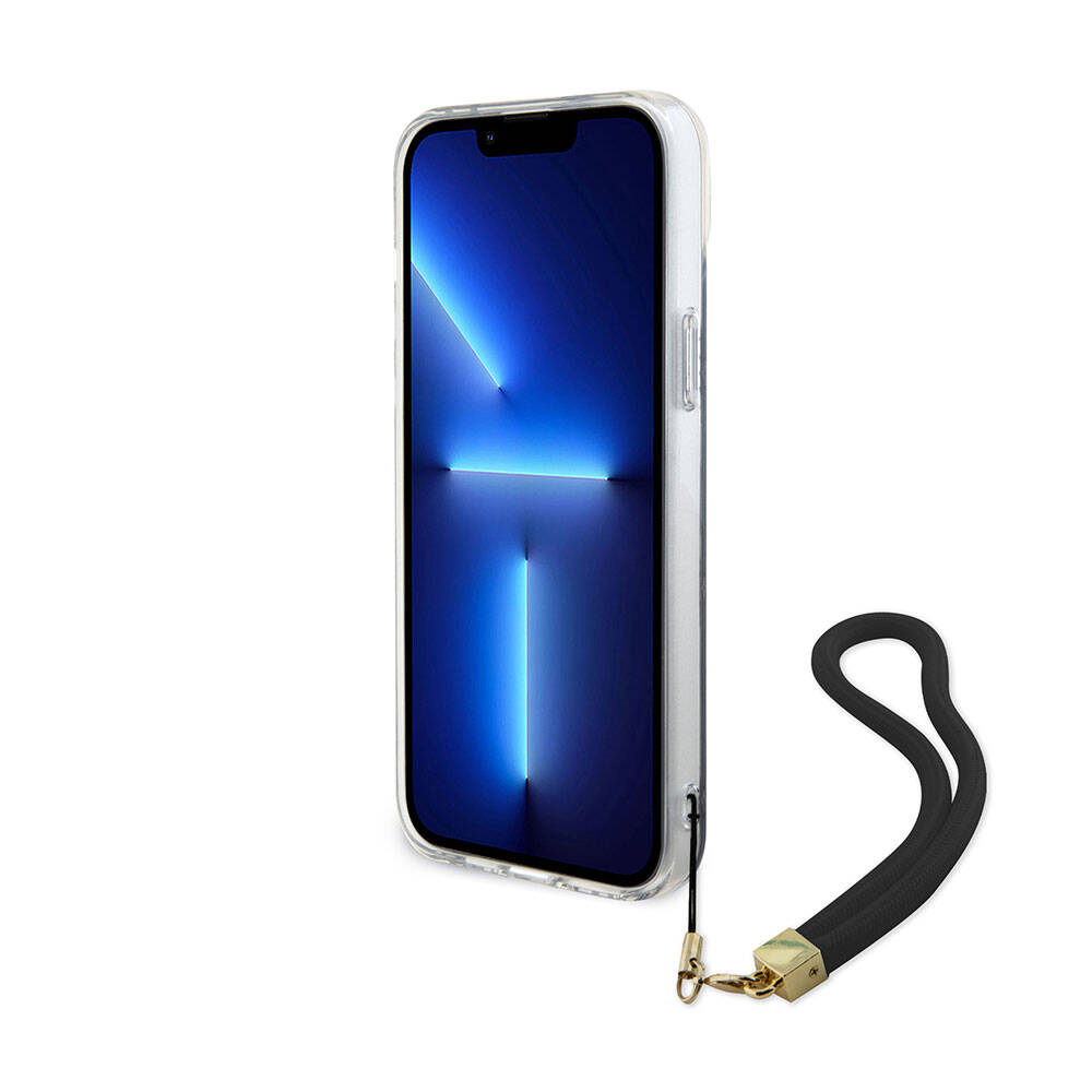 Apple iPhone 15 Plus Kılıf Guess Orjinal Lisanslı Desenli Yazı Logolu Askı İpli Holografik Glitter Peony Kapak Turkuaz