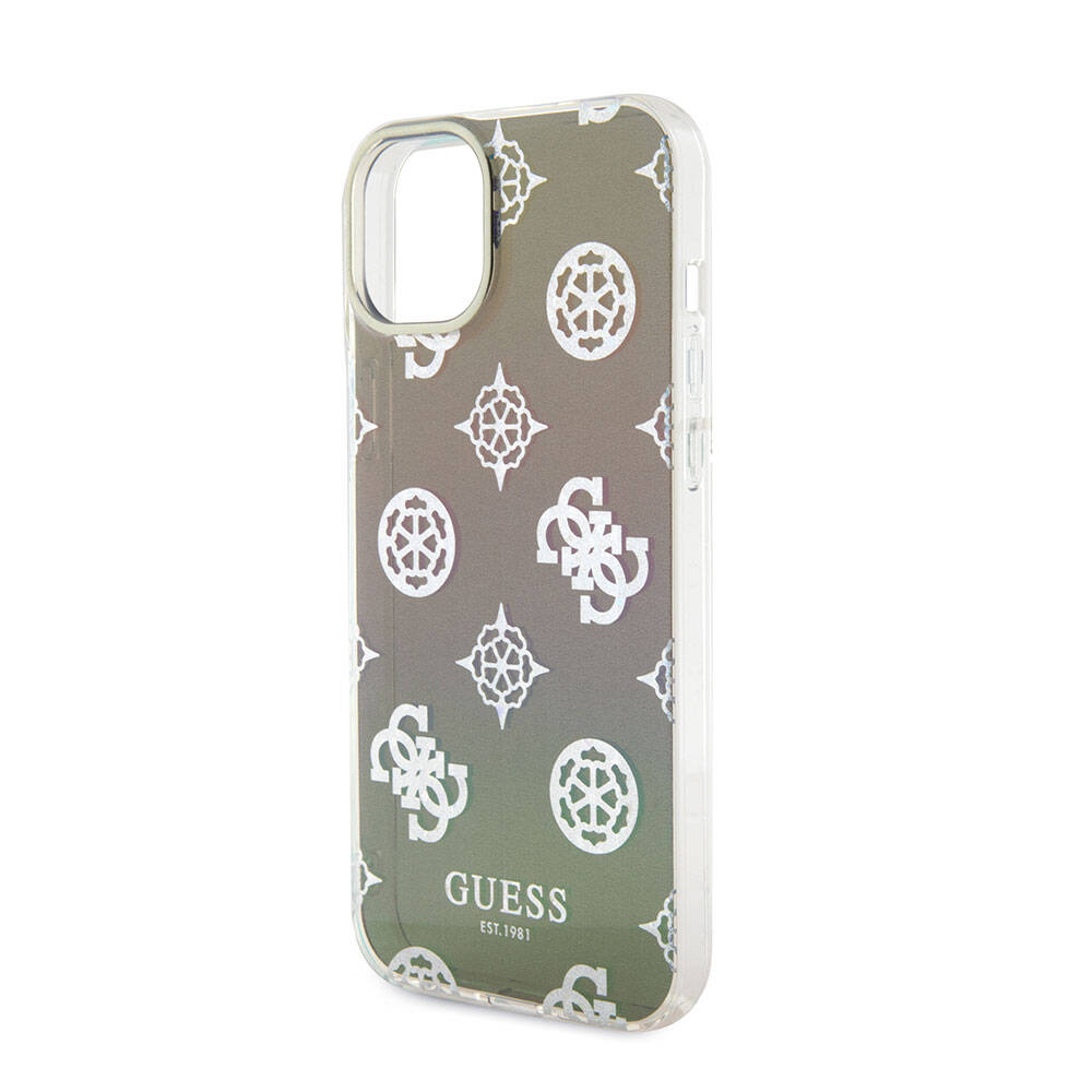 Apple iPhone 15 Plus Kılıf Guess Orjinal Lisanslı Desenli Yazı Logolu Askı İpli Holografik Glitter Peony Kapak Turkuaz