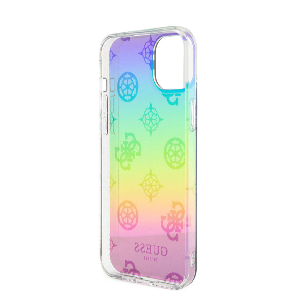 Apple iPhone 15 Plus Kılıf Guess Orjinal Lisanslı Desenli Yazı Logolu Askı İpli Holografik Glitter Peony Kapak Mor