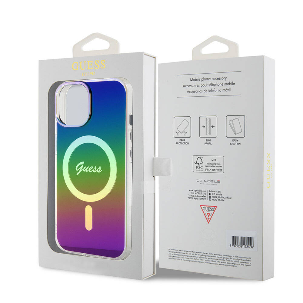 Apple iPhone 15 Plus Kılıf Guess Orjinal Lisanslı M-safe Şarj Özellikli Yazı Logolu Iridescent Kapak Pembe