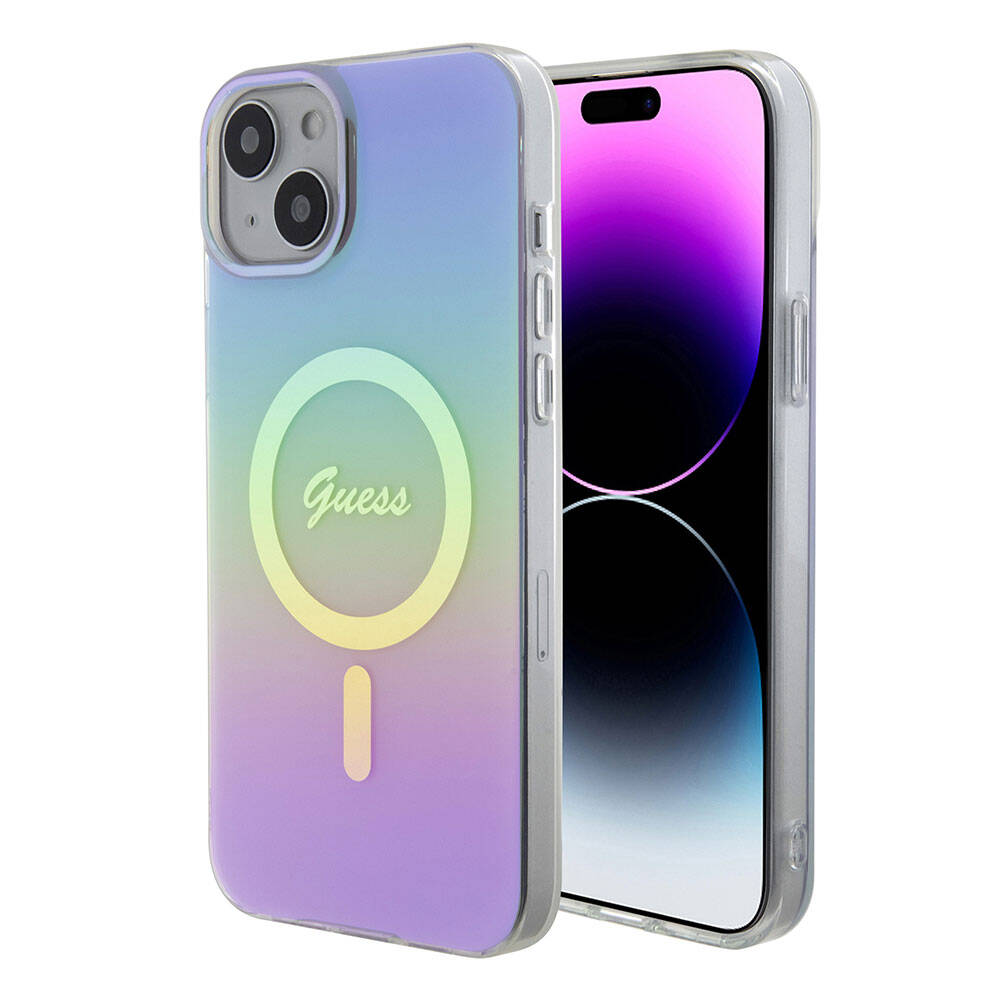 Apple iPhone 15 Plus Kılıf Guess Orjinal Lisanslı M-safe Şarj Özellikli Yazı Logolu Iridescent Kapak Pembe