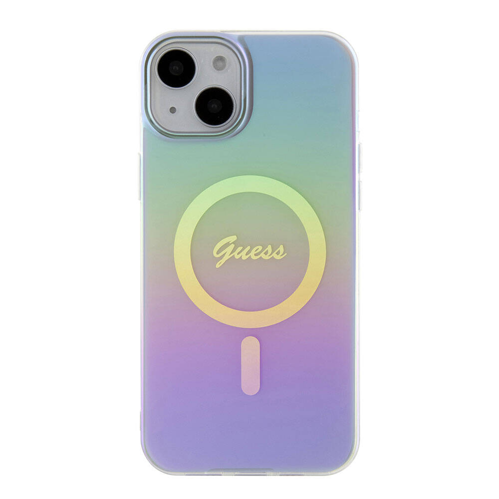 Apple iPhone 15 Plus Kılıf Guess Orjinal Lisanslı M-safe Şarj Özellikli Yazı Logolu Iridescent Kapak Pembe