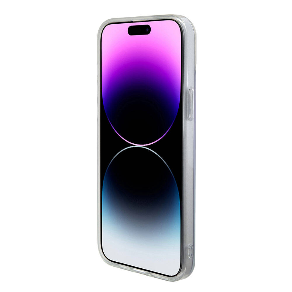 Apple iPhone 15 Plus Kılıf Guess Orjinal Lisanslı M-safe Şarj Özellikli Yazı Logolu Iridescent Kapak Pembe