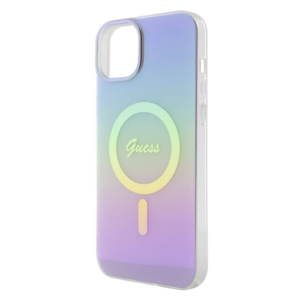 Apple iPhone 15 Plus Kılıf Guess Orjinal Lisanslı M-safe Şarj Özellikli Yazı Logolu Iridescent Kapak Pembe