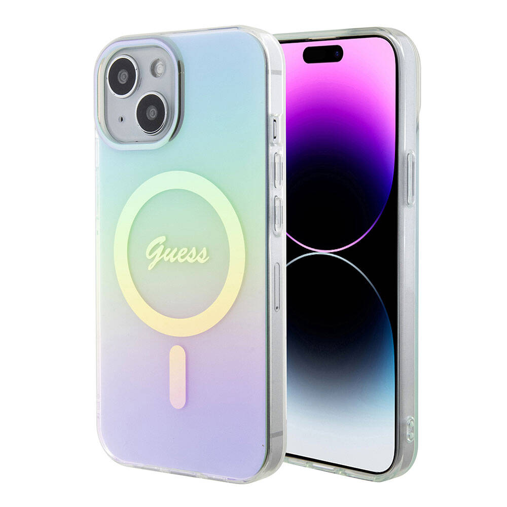 Apple iPhone 15 Plus Kılıf Guess Orjinal Lisanslı M-safe Şarj Özellikli Yazı Logolu Iridescent Kapak Pembe