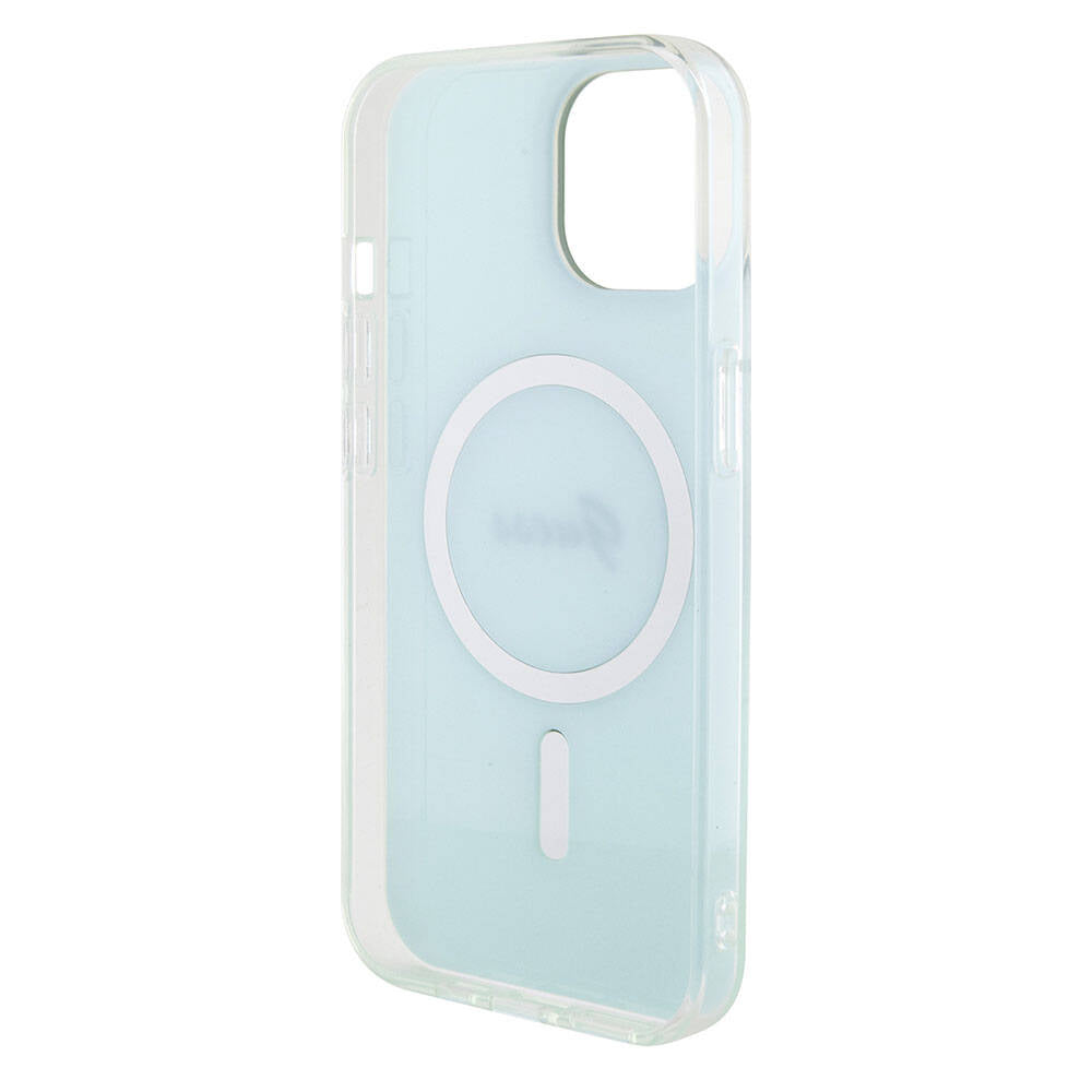 Apple iPhone 15 Plus Kılıf Guess Orjinal Lisanslı M-safe Şarj Özellikli Yazı Logolu Iridescent Kapak Pembe