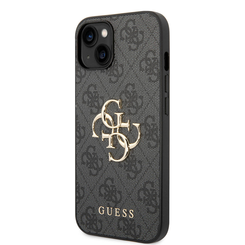 Apple iPhone 15 Plus Kılıf Guess Orjinal Lisanslı PU Deri Yazı ve 4G Metal Logolu Desenli Kapak Gri